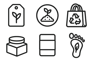 Eco-Friendly Packaging Icons. Sustainable Packaging Ideas linear set: plant-ink print, compost sticker, recyclable bag, bamboo lid, lightweight sleeve, green footprint.