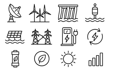 Sustainable Energy Icons. Eco-Power Technology Set linear set: concentrated solar dish, wind farm row, dam spillway icon, tidal buoy, floating solar array, smart grid link,