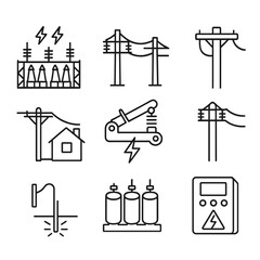 Power Distribution Icons. Power distribution set linear set: substation icon, feeder line, load switch, utility pole, service drop cable, capacitor bank, grounding rod, relay panel