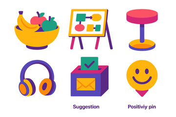 Modern Collaboration Icons. Healthy Collaboration Space flat set: shared snack bowl, collaborative whiteboard, comfort stool, focus headphones, suggestion box, positivity pin.