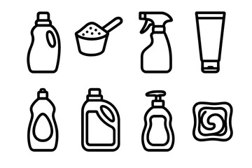 Cleaning Products Icons. Cleaning Detergents linear set: liquid cleaner bottle, powder detergent scoop, spray cleaner nozzle, gel cleaner tube, multi-surface bottle, dishwashing