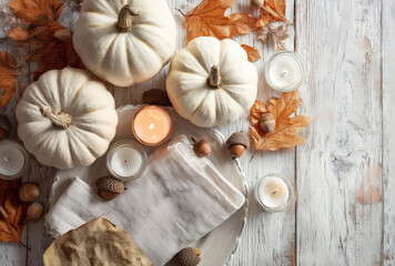Autumn Table Setting with White Pumpkins and Candles.