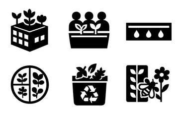Urban Garden Icon Set. Integrated Urban Garden Networks silhouette set: rooftop garden tile, community planter node, irrigation channel bar, plant diversity ring, green pathway