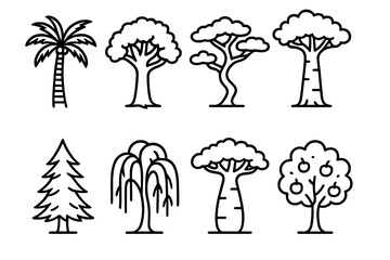 Global Tree Diversity Icons. Global tree diversity set linear set: tropical palm, temperate oak, desert acacia, rainforest kapok, alpine pine, riverside willow, savanna baobab,