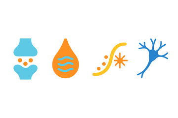 Neural Vector Icons. Neural Junction Forms flat set: connector cleft tile, impulse-transfer drop, firing-path strand.
