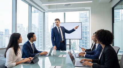 Man is standing in front of a group of people in a conference ro