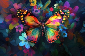 Vibrant floral butterfly in abstract digital graphic design composition