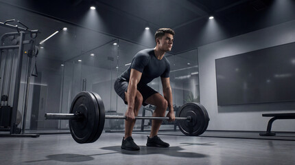 Man is lifting a barbell in a gym