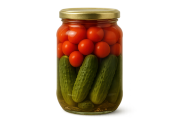 Jar of pickled cucumbers and cherry tomatoes in brine with golden lid