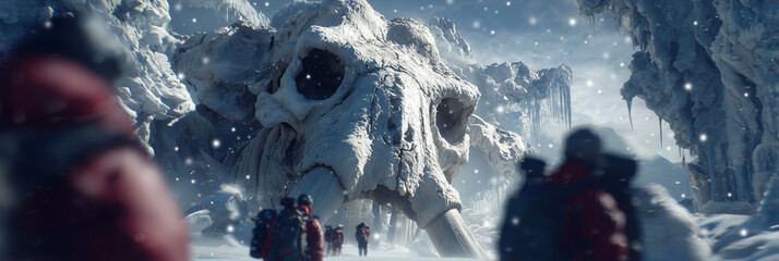 A Colossal Mammoth Skeleton Emerges from Antarctic Ice. A Group of Archaeologists and Explorers Discovers a Perfectly Preserved Mammoth Skeleton in the Antarctic Ice. Generative Ai.