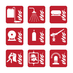 Collection of nine fire safety and firefighting icons featuring white symbols on red squares. Includes alarm, extinguisher, fire blanket, and emergency shower icons for safety signage