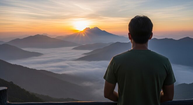 A person stands with their back to the camera, admiring the stunning sunrise over a vast mountain range with misty valleys - Powered by Adobe