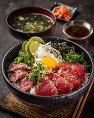 Asian Japanese Donburi Bowl with Grilled Beef, Scallops, Egg and Fresh Vegetables