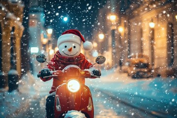 Charming snowman in Santa hat and scarf rides a scooter through a snowy city at night, joyfully delivering Christmas presents amid gentle snowfall and ...