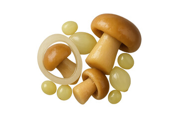 Assorted golden brown mushrooms with small onions scattered