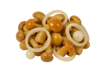 Pile of yellow-brown beans with scattered white onion rings, savory snack mix