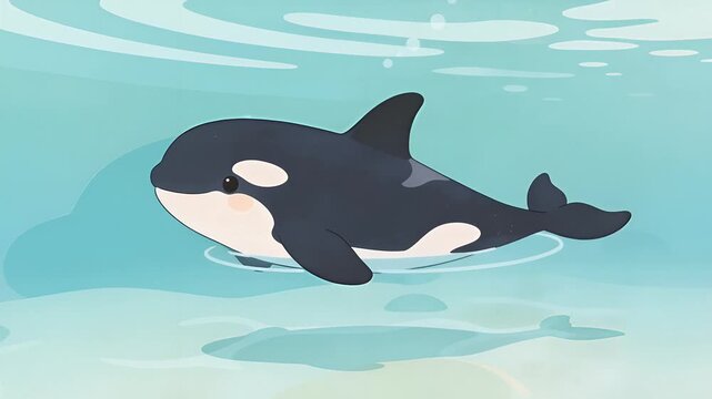 Cute Cartoon Orca Swimming Underwater in Clear Blue Ocean.