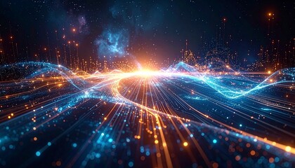 Future technology ecosystem, abstract floating circuits transforming into light particles, quantum energy waves, deep space background, glowing geometry, ethereal atmosphere, sci-fi abstraction