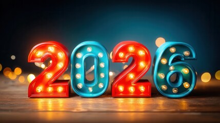 Vibrant marquee numbers displaying 2026 in bright colors