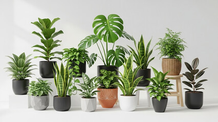 Assortment of lush green houseplants including popular varieties like Monstera and Snake Plants presented in stylish pots for home decor and biophilic design concepts