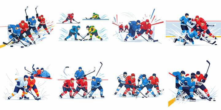 Dynamic Ice Hockey Game Action Set: Vector illustrations of professional athletes competing for the puck, featuring skating, checking, and intense sports moments.