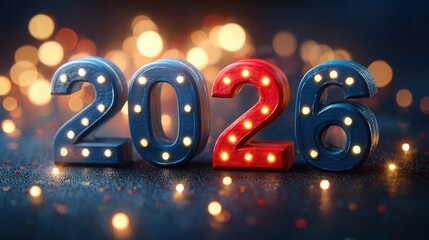 Vibrant 2026 marquee numbers with glowing lights