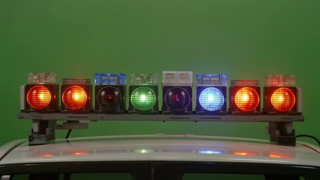 &ldquo;Row of eight colored emergency lights in square casings mounted on vehicle roof against solid green background&rdquo;