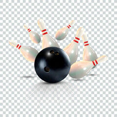 Realistic black bowling ball with pins on transparent background