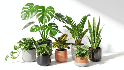 Obraz premium Collection of popular indoor houseplants such as Monstera and Snake Plant arranged in modern pots for contemporary home and office interior design
