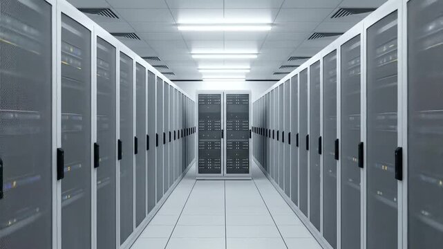 Modern Server Room with Rows of Racks and Technology.