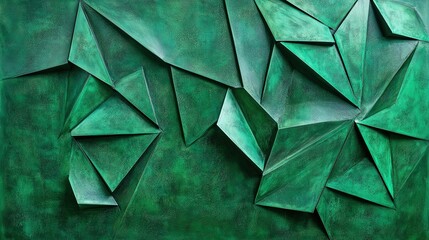 A modern, abstract background of 3D triangular tiles in a matte brushed green finish. This geometric, architectural pattern is perfect for contemporary interiors, backdrops, and feature walls.