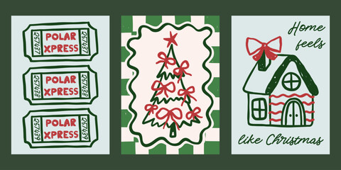 Whimsical Christmas vector cards set. Vintage retro holidays print designs with tree, house, train tickets illustrations in coquette frames