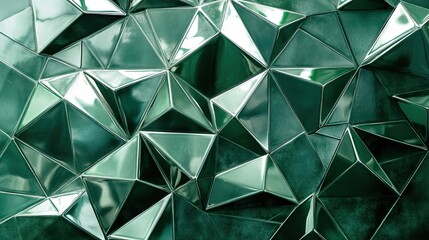 A luxurious, dark background of metallic green 3D tiles with glossy reflections. This geometric, futuristic pattern is ideal for high-end, modern, and abstract architectural designs.