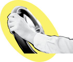 man driving car using one hand, dangerous behavior art collage