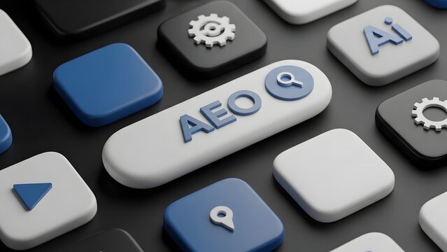 Closeup of computer keyboard with a white key labeled aeo surrounded by gray and blue keys, symbolizing technology and cybersecurity concepts