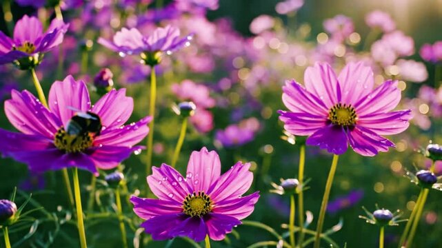 Golden light catches the morning dew as a busy bee dances among a field of vibrant pink cosmos.