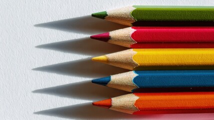 Bright colored pencils neatly arranged on a clean white surface, sharp tips and smooth wooden texture, soft natural light and subtle shadows, minimalistic top view, professional stationery photography