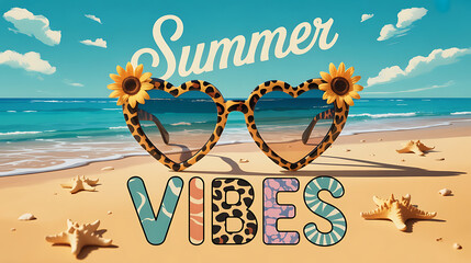 Summer vibes typography, Beach sunset background, Starfish and sunglasses design, Tropical vacation scene, Colorful summer poster with animal print letters and ocean view, Decorative beach-themed 