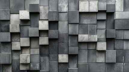 A modern architectural background featuring a 3D mosaic of concrete blocks with varied depths and textures. This geometric, grey-toned pattern is ideal for industrial and minimalist design concepts.