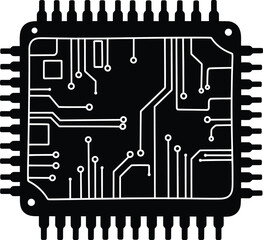 A detailed black and white illustration of a microchip circuit board design