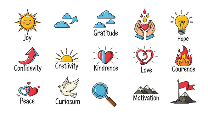 Collection of positive emotions, virtues, and character traits icons on black background isolated on transparent background