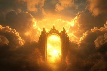 Glowing golden heavenly gate with radiant light shining through clouds, symbolic religious scene of paradise, afterlife, or divine entrance for spiritual or worship video ...