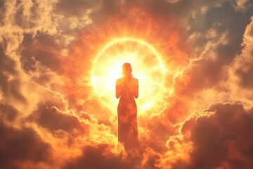 Christian vision of divine woman praying in radiant light among clouds, symbolic heavenly presence with sun halo for spiritual, worship, or religious video background