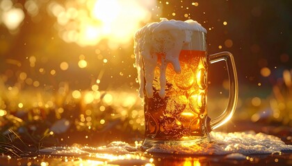 Frothy Beer Mug Illuminated by Golden Sunlight Outdoors with Bokeh Effect and Splashes