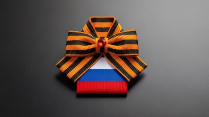 Victory Day Symbolism Ribbon with Flag, and and Sparkle on Dark Background.