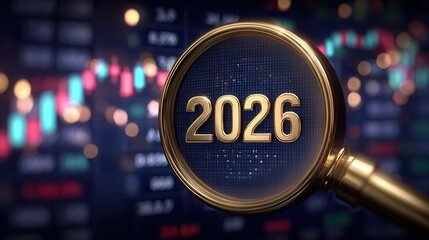 Magnifying glass zooming in on 2026 with stock market data in background