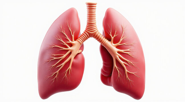 Human lung anatomy respiratory organ bronchus bronchiole alveoli trachea medical illustration pink realistic 3D render healthcare concept showing detailed airway tree and oxygen exchange function