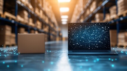 Data Analytic for Warehouse Computer screen with detailed analytics about shipping and storage, in the background of a bustling warehouse.