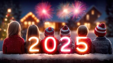 Children celebrating New Year's Eve in a snowy neighborhood