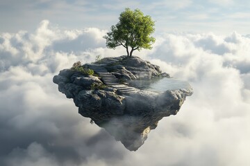 Floating rock island with steps and trees in clouds